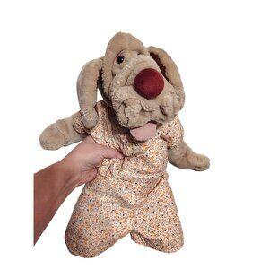 Vintage Ganz Bros Wrinkles Stuffed Animal Plush Dog Gray Brown Flower Outfit '81